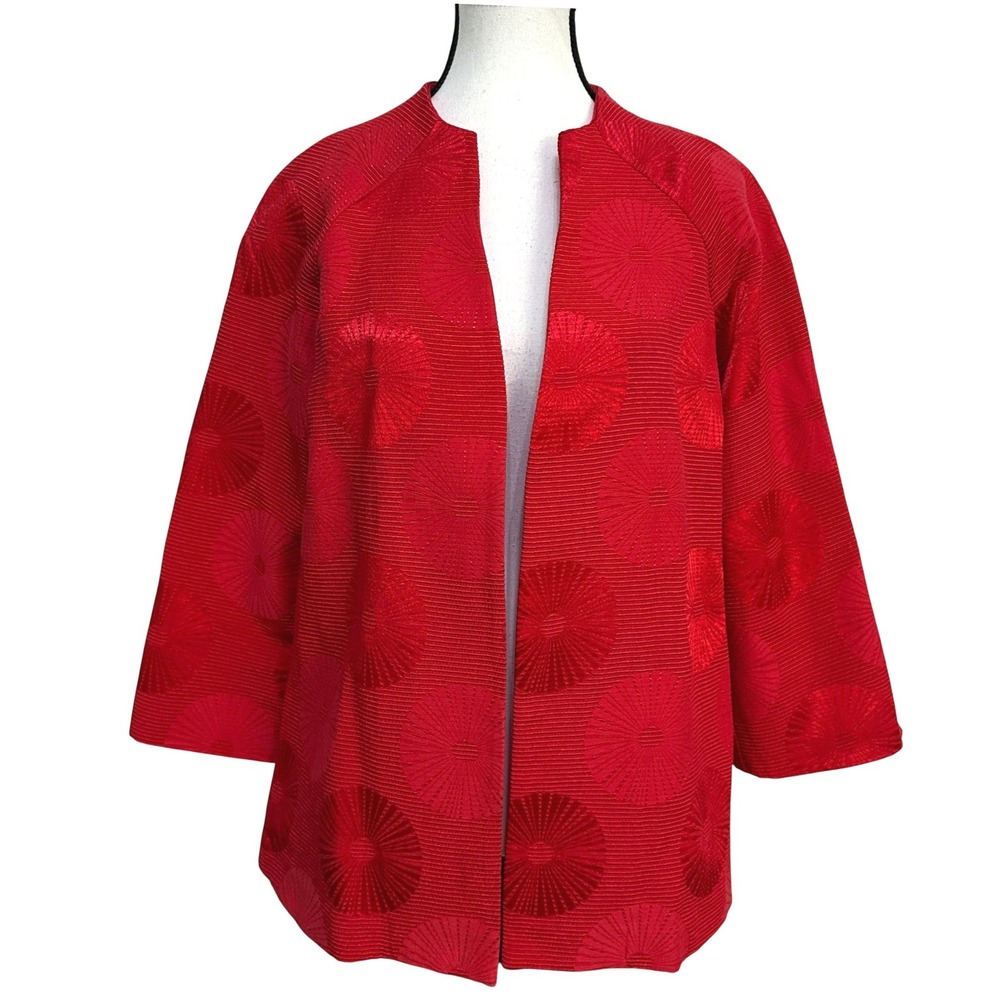 Peck & Peck Red Sunburst Jacquard Open Front Jacket Women M Artsy Lagenlook Chic